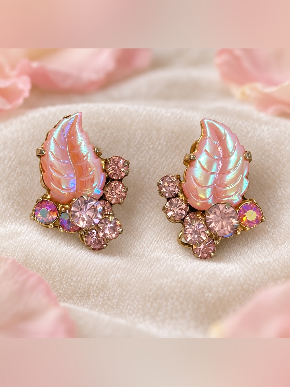 Juliana Confirmed Rare Iridescent Leaf AB Rhinestone Vintage Clip-On Earrings